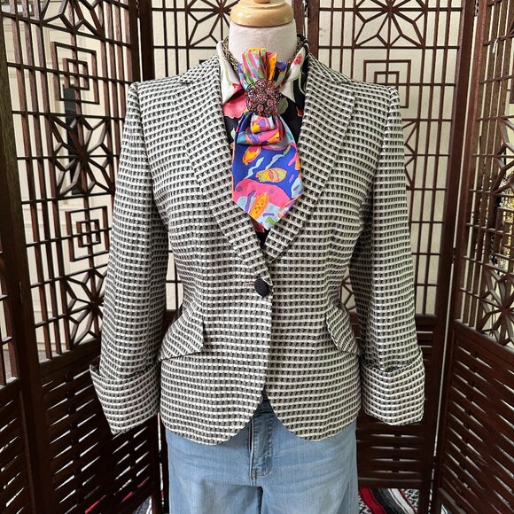 Giorgio Armani 2010 Women's Black White Geometric Silk Blend Blazer Sz 36/Med - Picture 1 of 10